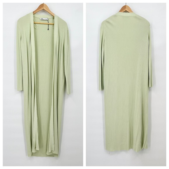 ZARA Ribbed Green Long Duster Cardigan Women Sz MED - Picture 2 of 6